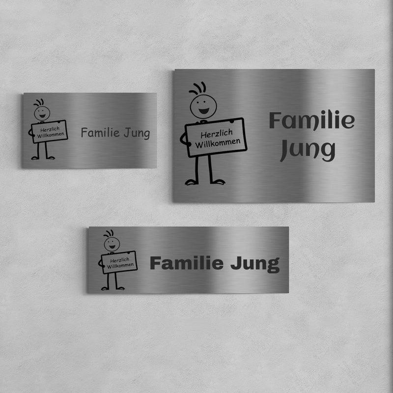 V2A Edelstahlschild in verschiedenen Größen, mit Motiv Herzlich Willkommen, individuell personalisierbar.