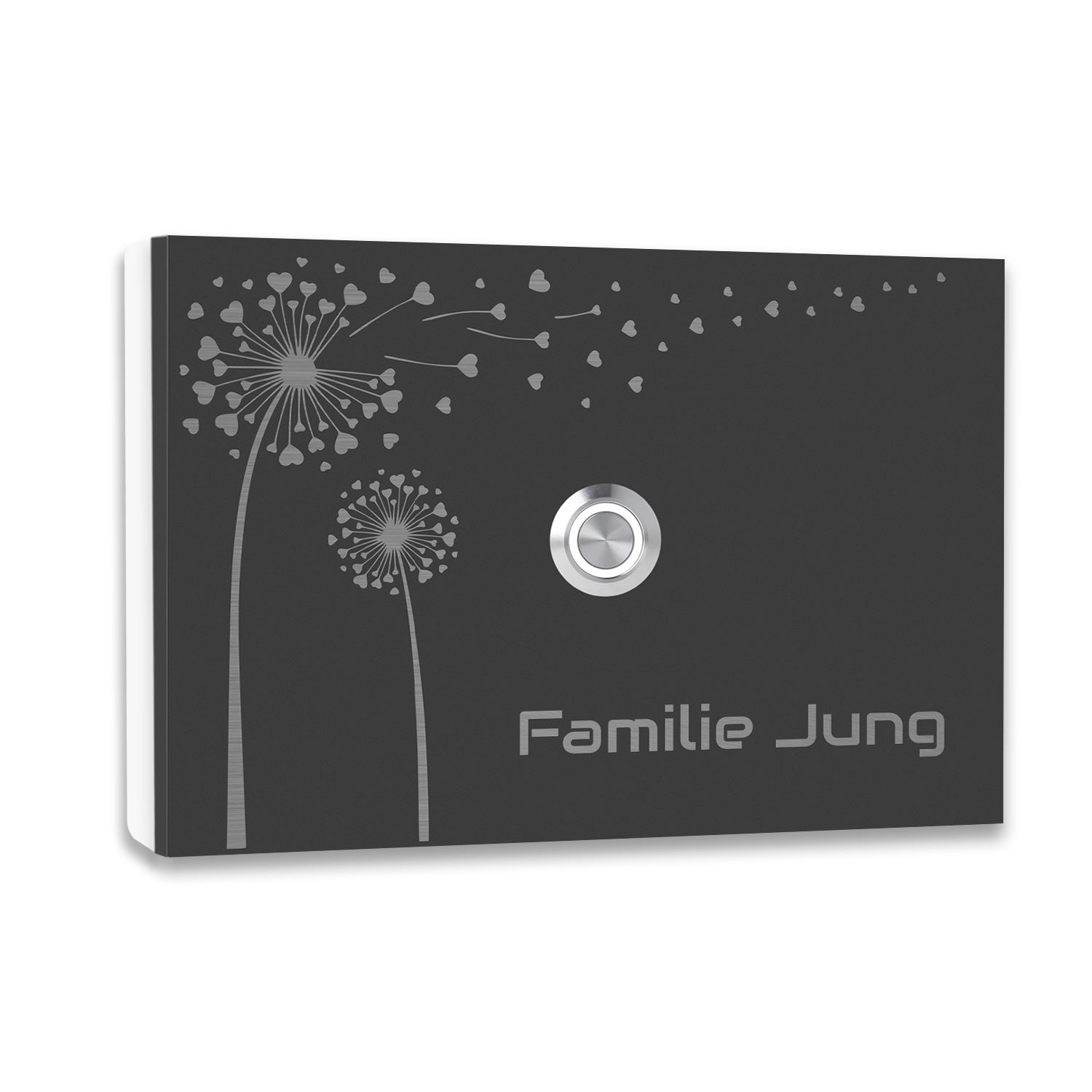 Edelstahl Aufputz Türklingel Malta, Anthrazit RAL 7016 pulverbeschichtet mit Motiv Pusteblume, individuell personalisierbar.