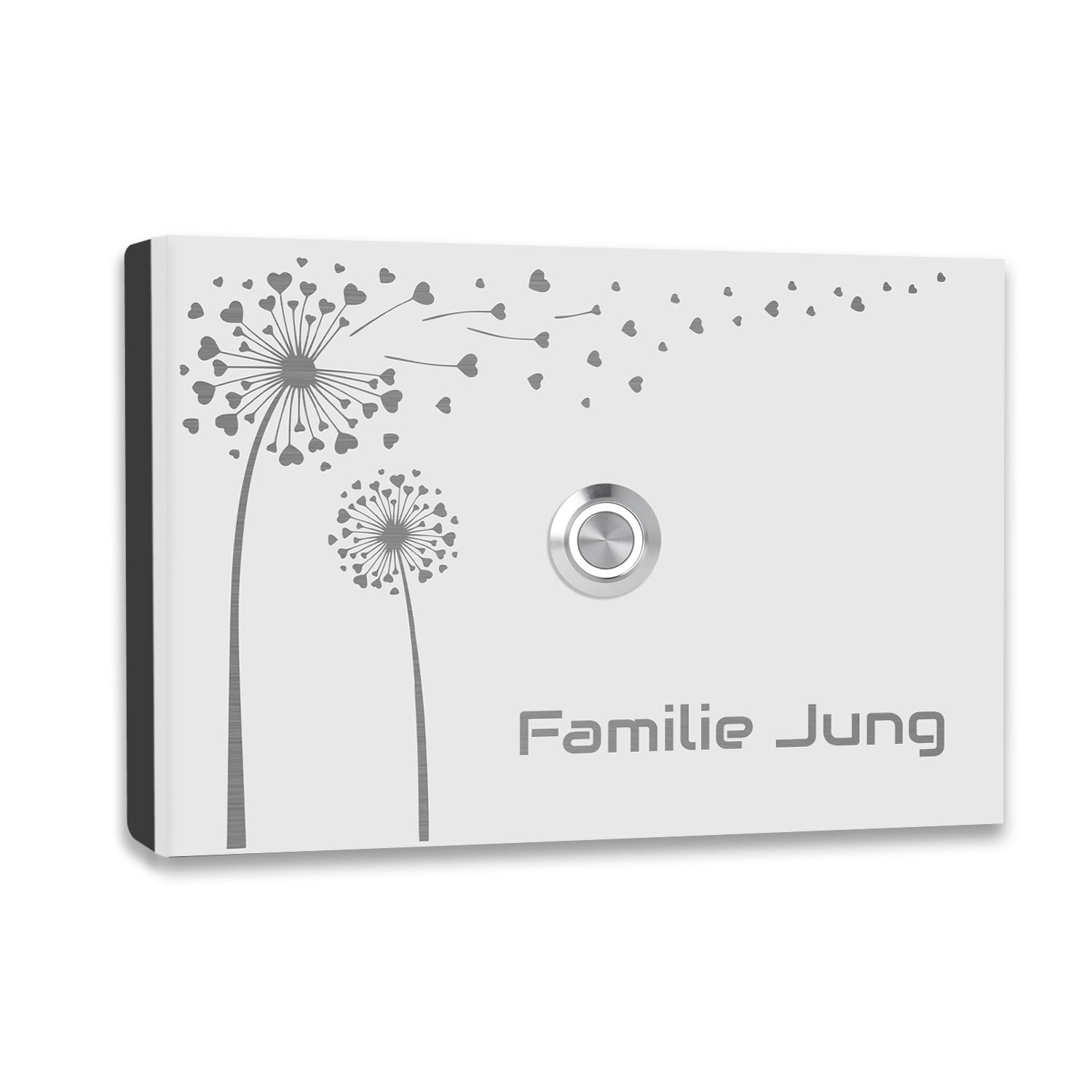 Edelstahl Aufputz Türklingel Malta Weit RAL 9016 Pulverbeschichtet mit Motiv Pusteblume, individuell personalisierbar