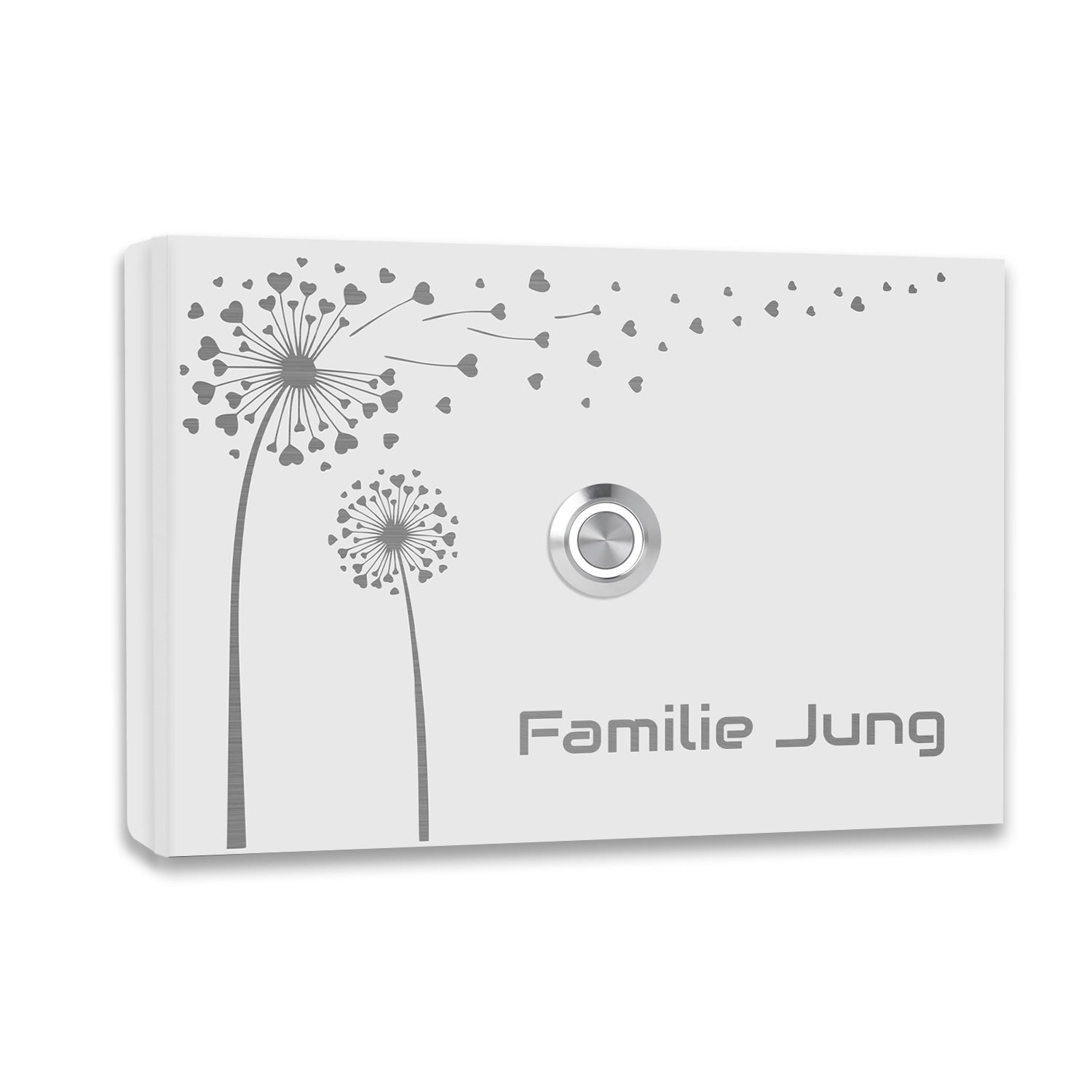 Edelstahl Aufputz Türklingel Malta, weiß Pulverbeschichtet mit Motiv Pusteblume, individuell personalisierbar
