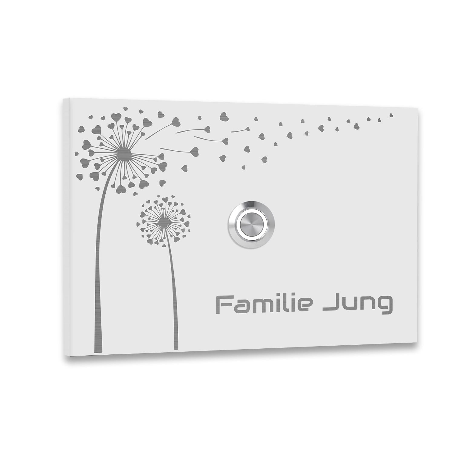 Edelstahl Unterputz Türklingel Malta, Weiß pulverbeschichtet mit Motiv Pusteblume, individuell personalisierbar