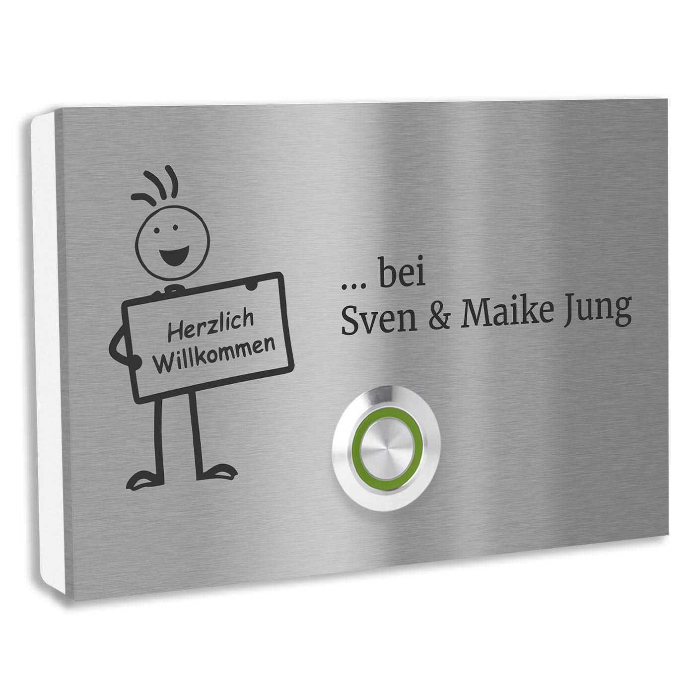 Edelstahl Aufputz Türklingel London mit Motiv Männchen, individuell personalisierbar.