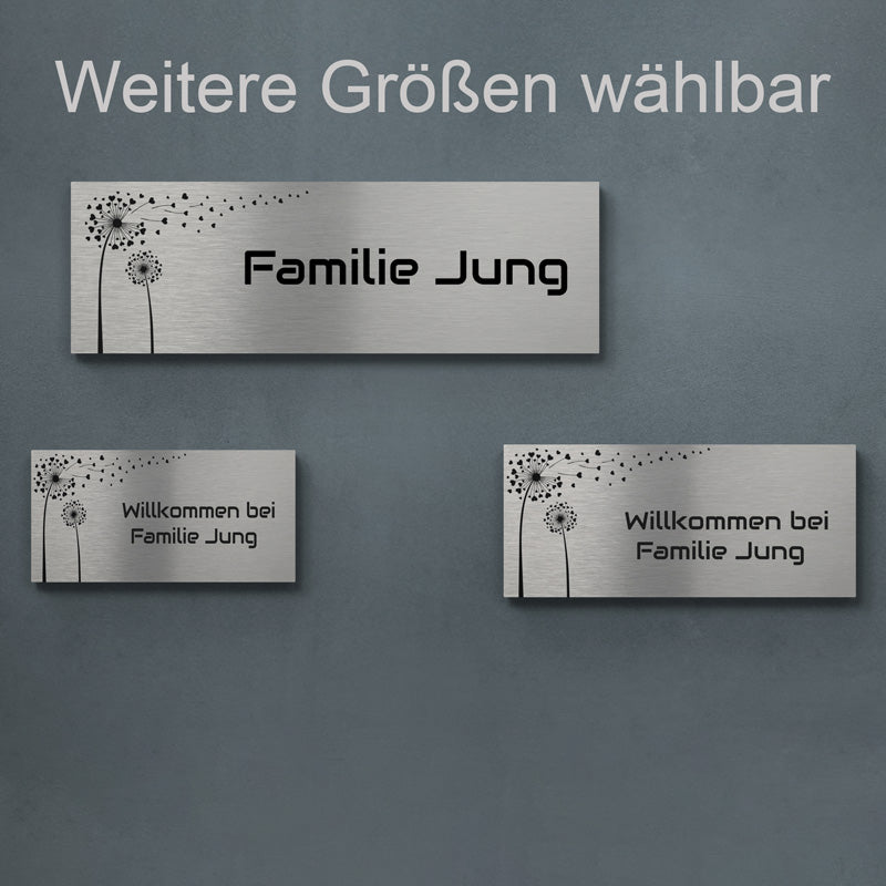 V2A Edelstahlschild in verschiedenen Größen, mit Motiv Pusteblume, individuell personalisierbar.