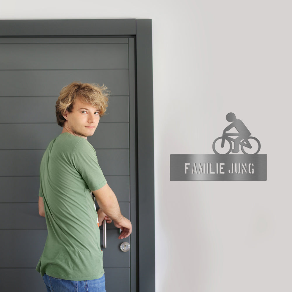 Edelstahl Türschild Radfahrer personalisierbar Text ausgelasert
