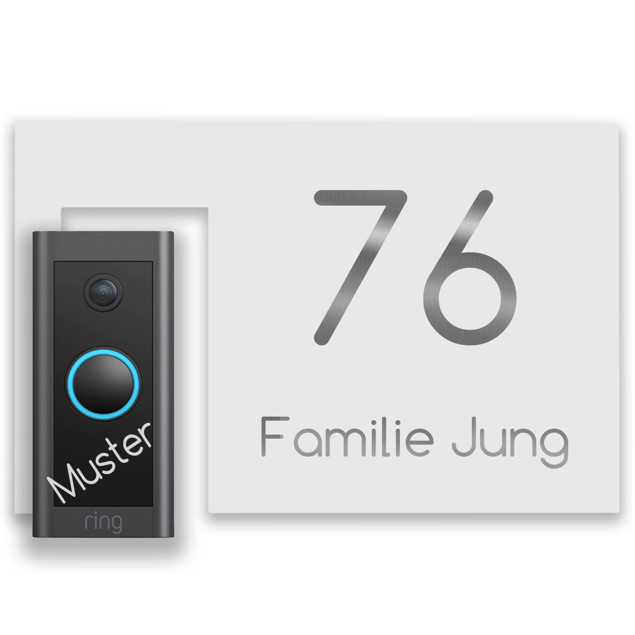 Modernes Türschild für Video Ring Doorbell Wired Weiß pulverbeschichtet, individuell personalisierbar