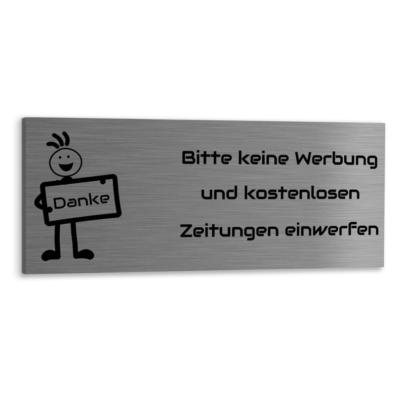 Bitte keine Werbung und kostenlosen Zeitungen einwerfen (Motiv Männchen) - Edelstahl (V2A) Schild. Verschiedene Größen und Farben