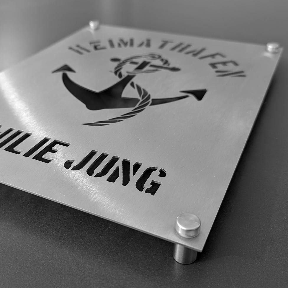 Personalisierbares (V2A) Edelstahl Wandschild Heimathafen Deko Schild Türschild mit Motiv Anker – Text ausgelasert