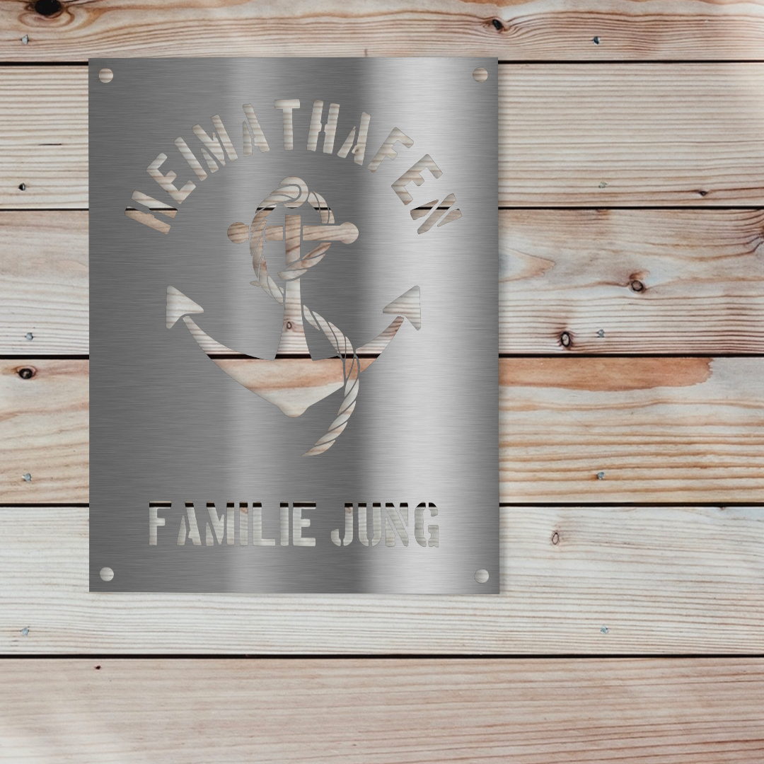 Personalisierbares (V2A) Edelstahl Wandschild Heimathafen Deko Schild Türschild mit Motiv Anker – Text ausgelasert