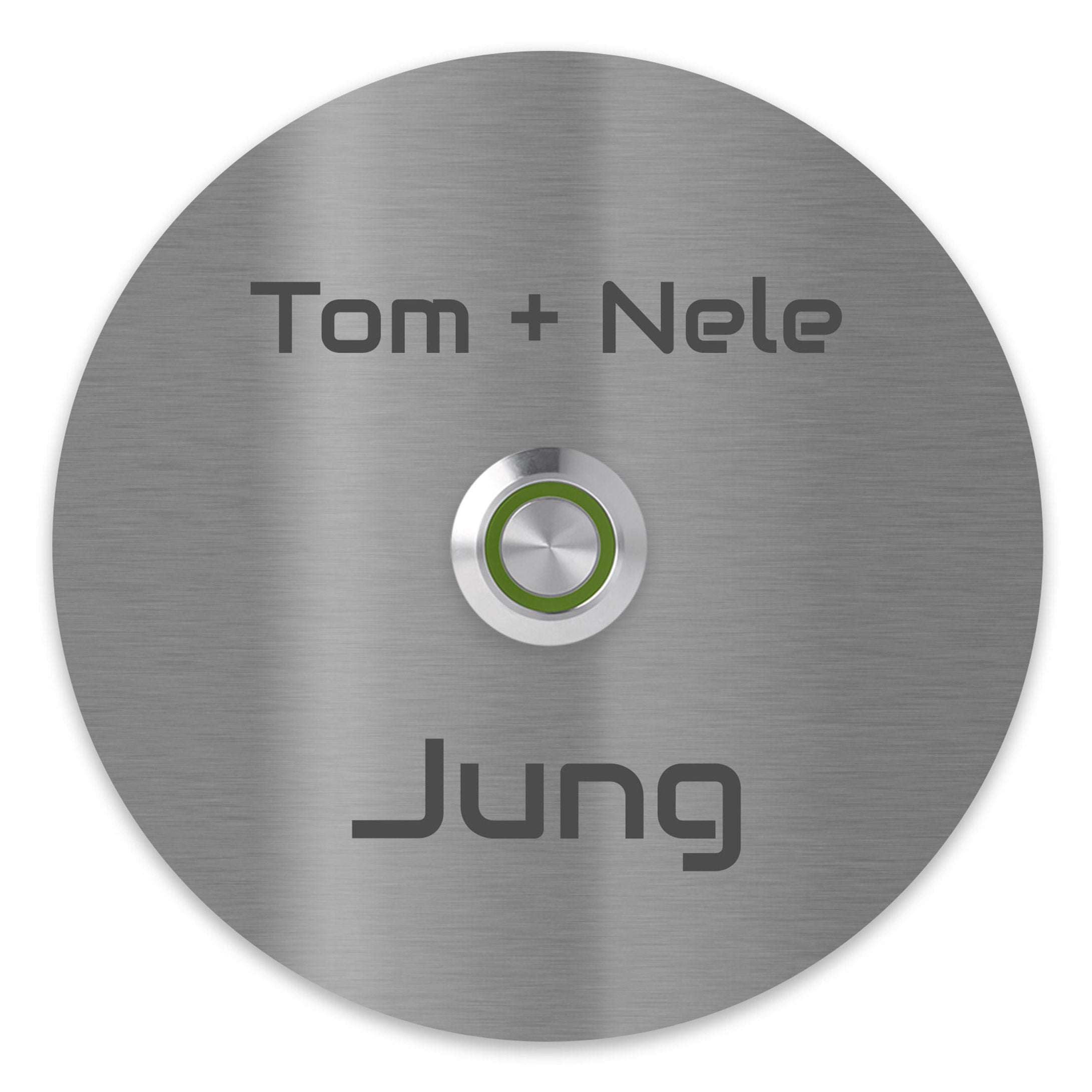 Runde Edelstahl-Türklingel mit Gravur „Tom + Nele Jung“ und LED-Taster mit grünem Ring