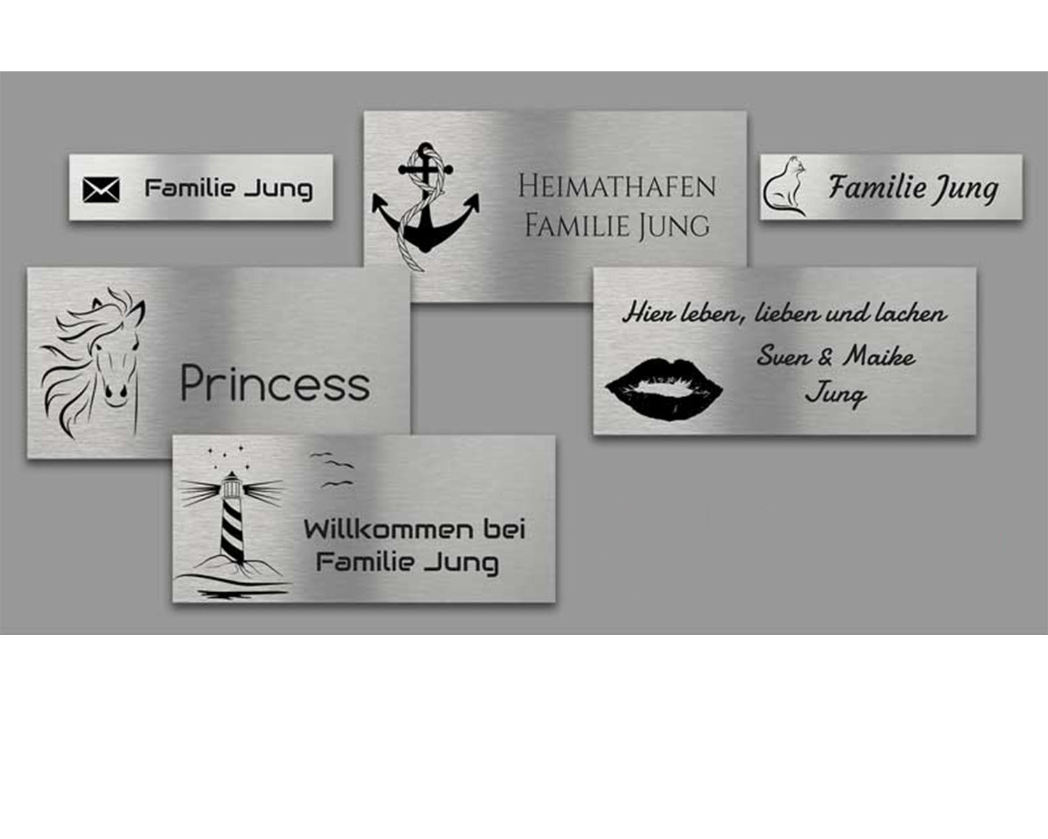 Auswahl personalisierbarer V2A Edelstahlschilder in verschiedenen Größen und Designs – witterungsbeständig, rostfrei, ideal für Briefkasten & Haustür

