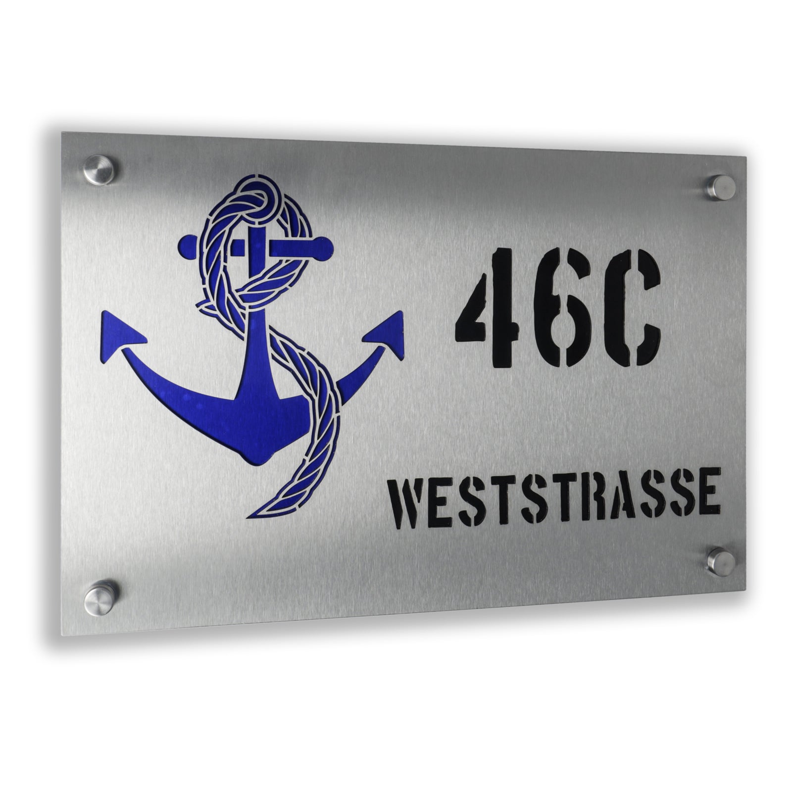 Edelstahl Hausnummernschild mit Motiv Anker individuell personalisierbar