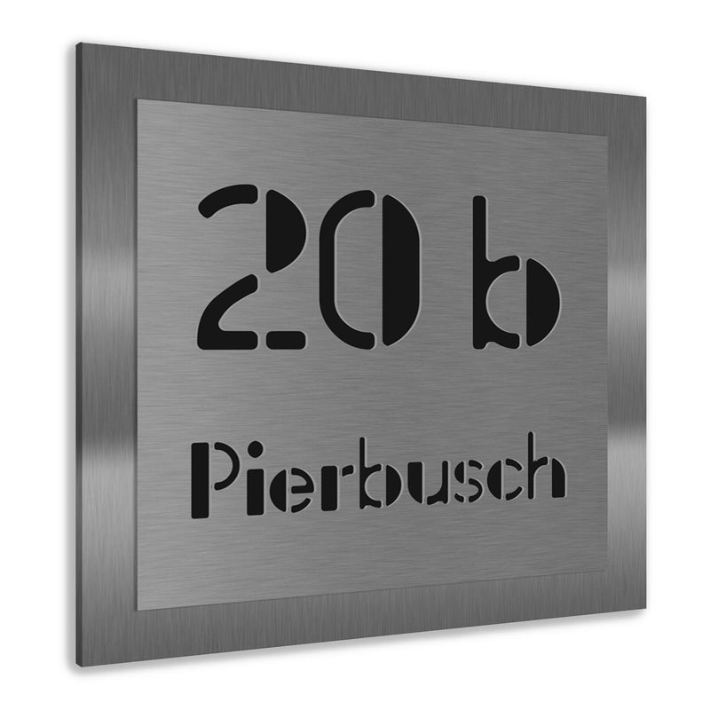 Edelstahl Hausnummernschild 30×30 cm Hausnummer und Straßenname ausgelasert