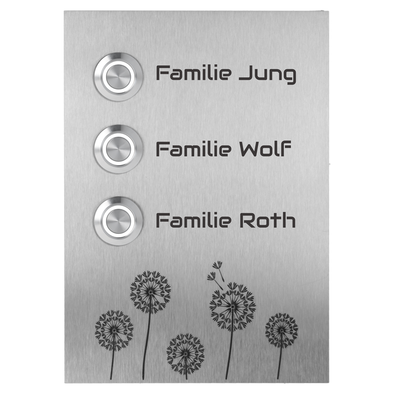 Kiel 12 x 17 cm Edelstahl (V2A) Türklingel - für Dreifamilienhäuser - mit Gravur - LED – Aufputz / Unterputz