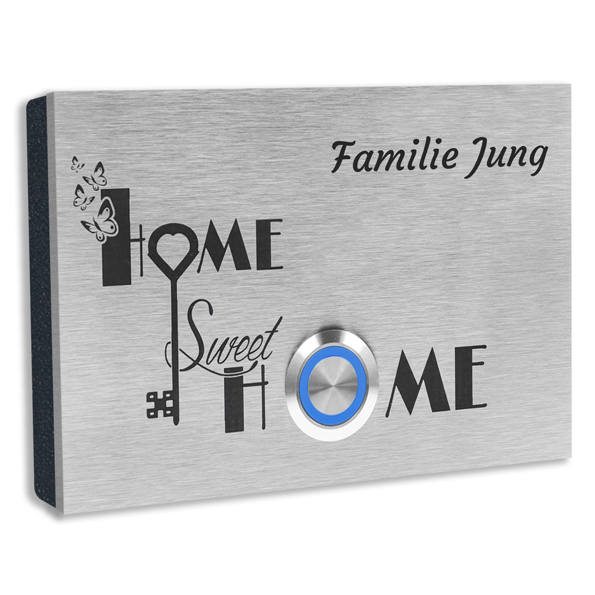 Edelstahl Aufputz Türklingel London mit Motiv Home Sweet Home, individuell personalisierbar