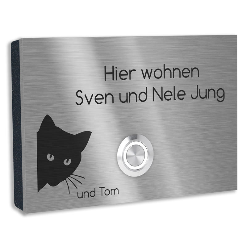London 12 x 8 cm Edelstahl (V2A) Türklingel - Motiv "Katze" - mit Gravur - LED - Aufputz / Unterputz