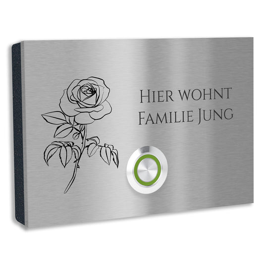 Edelstahl Aufputz Türklingel London mit Motiv Rose, individuell personalisierbar
