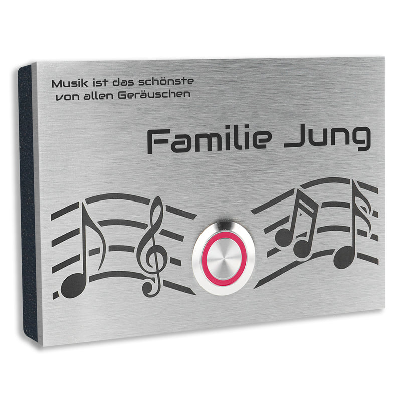 London 12 x 8 cm Edelstahl (V2A) Türklingel - Motiv "Musik" - mit Gravur - LED - Aufputz / Unterputz