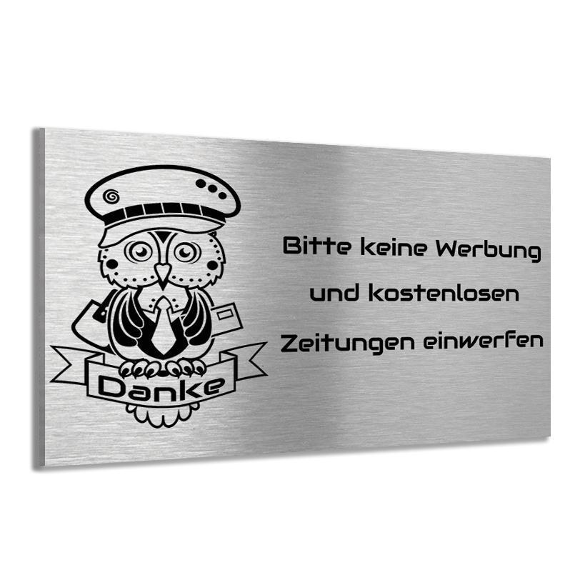 Edelstahl Schild bitte keine Werbung und kostenlosen Zeitungen einwerfen mit Motiv Eule Selbstklebend  für Briefkasten