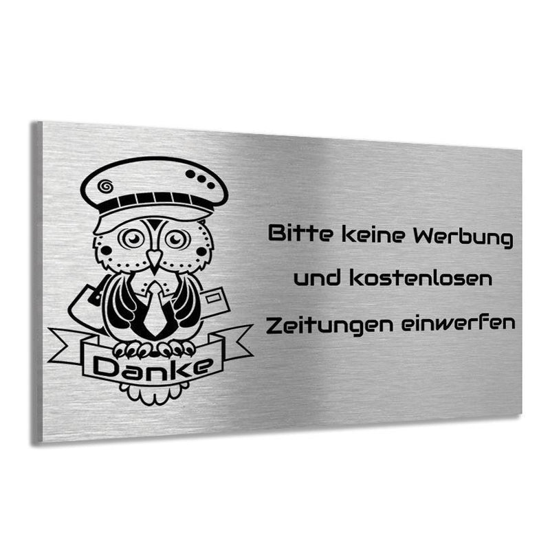 Bitte keine Werbung und kostenlosen Zeitungen einwerfen (Motiv Eule) - Edelstahl (V2A) Schild. Verschiedene Größen und Farben