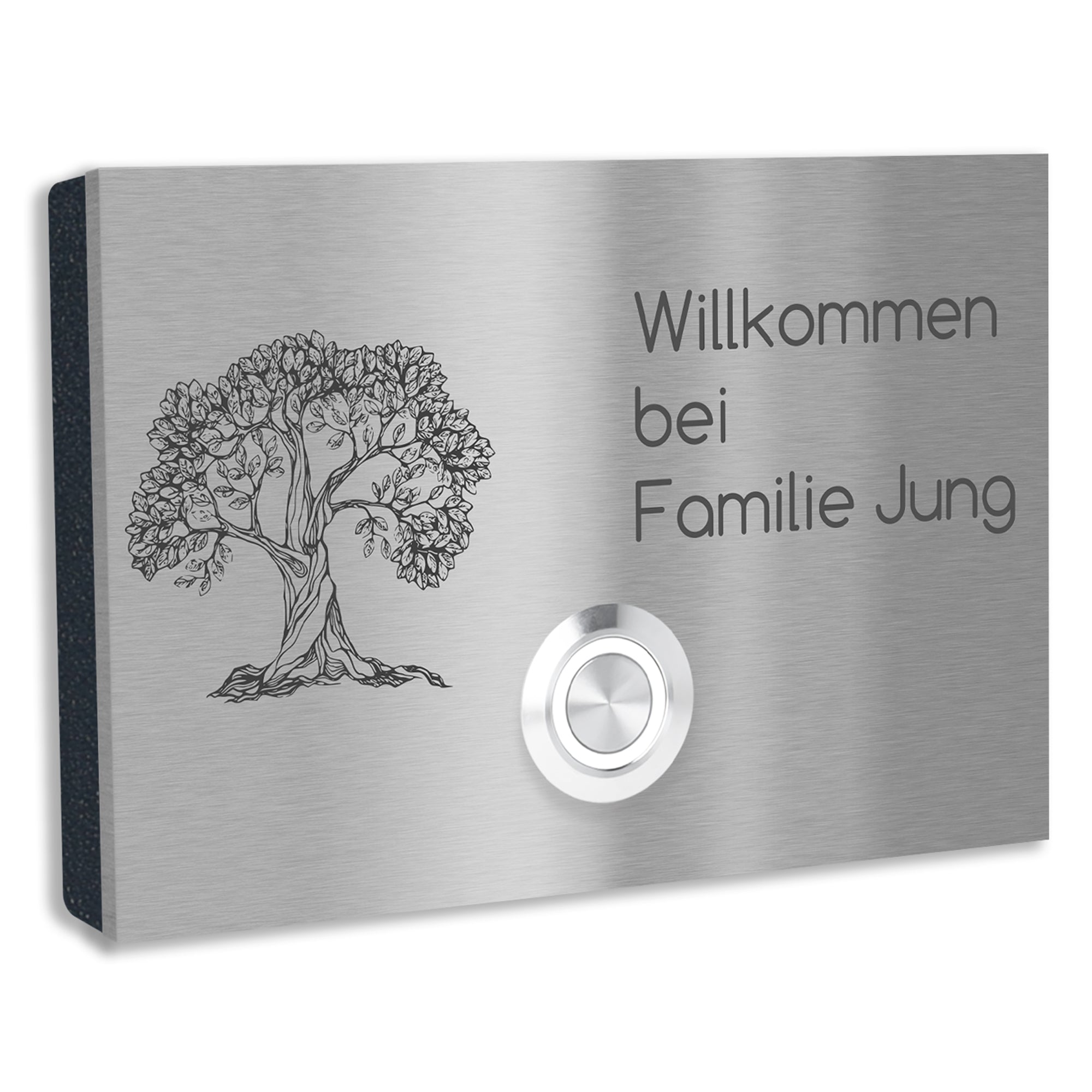 Edelstahl Aufputz Türklingel London mit Motiv Baum , individuell personalisierbar.
